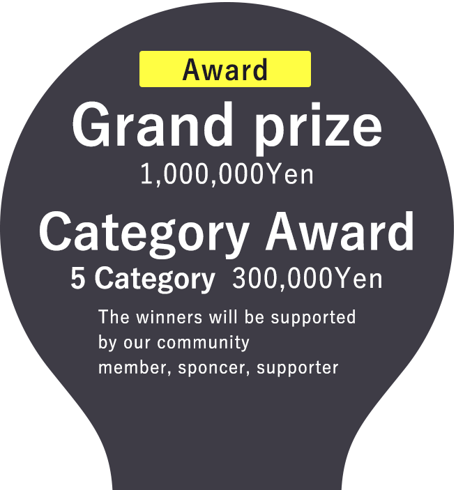 JAPAN ENTREPRENEUR AWARD 2021 Award Grand prize 1,000,000Yen Category Award 5Category 300,000Yen The winners will be supported by our community member,sponcer, supporter