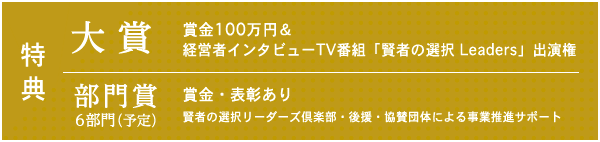 特典 大賞 賞金100万円＆経営者インタビューTV番組「賢者の選択 Leaders」出演権 / 部門賞 賞金・表彰あり 賢者の選択リーダーズ倶楽部・後援・協賛団体による事業推進サポート