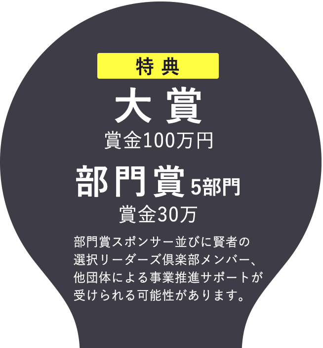 特典/大賞:賞金100万円、部門賞5部門：賞金30万 部門賞スポンサー並びに賢者の選択リーダーズ倶楽部メンバー、他団体による事業推進サポートが受けられる可能性があります。