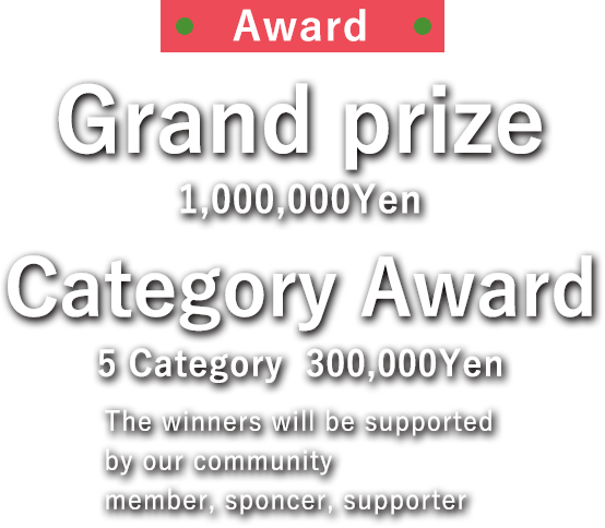 JAPAN ENTREPRENEUR AWARD 2024 Award Grand prize 1,000,000Yen Category Award 4 Category 300,000Yen The winners will be supported by our community member,sponcer, supporter